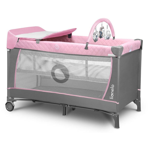 Patut pliant cu doua nivele Flower , Cu arcada, Geanta transport, Masuta de infasat, Bara cu jucarii, Fereastra laterala, 120x60 cm, Conform cu standardele europeane de securitate EN 716 si EN12221, Roz, Lionelo