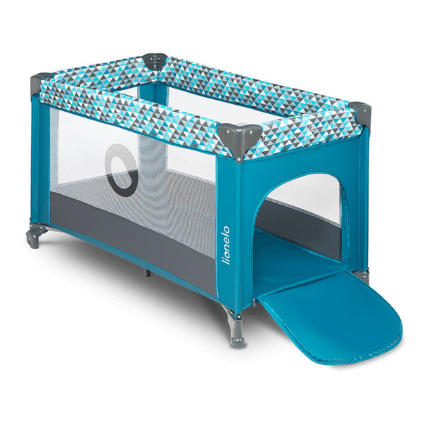 Patut pliant cu un nivel Stefi, Cu intrare laterala cu fermoar, 2 roti, 120x60 cm, Conform cu standardul european de securitate EN 716, Turquoise, Lionelo