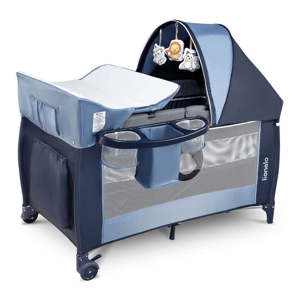 Patut pliant cu doua nivele Sven Plus, 120x60 cm, arcada jucarii, masuta de infasat, vibratii, melodii, conform cu standardele europeane de securitate EN716 si EN12221, Blue Navy, Lionelo