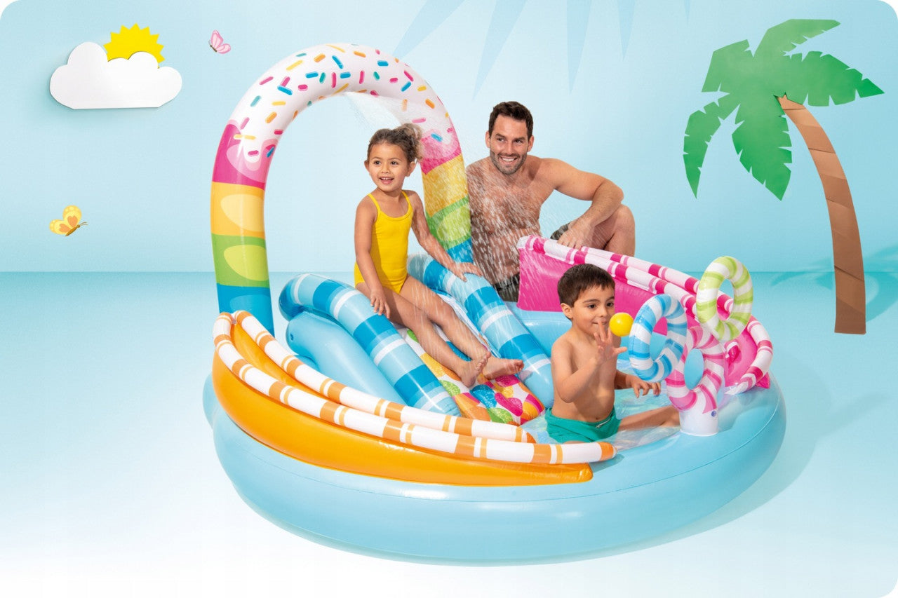 Loc de joaca acvatic pentru copii, cu Piscina si Tobogan, Fantana Arteziana, Arcada, Inele, Intex, Candy Fun Play, 170 x 168 x 122 cm, Multicolor