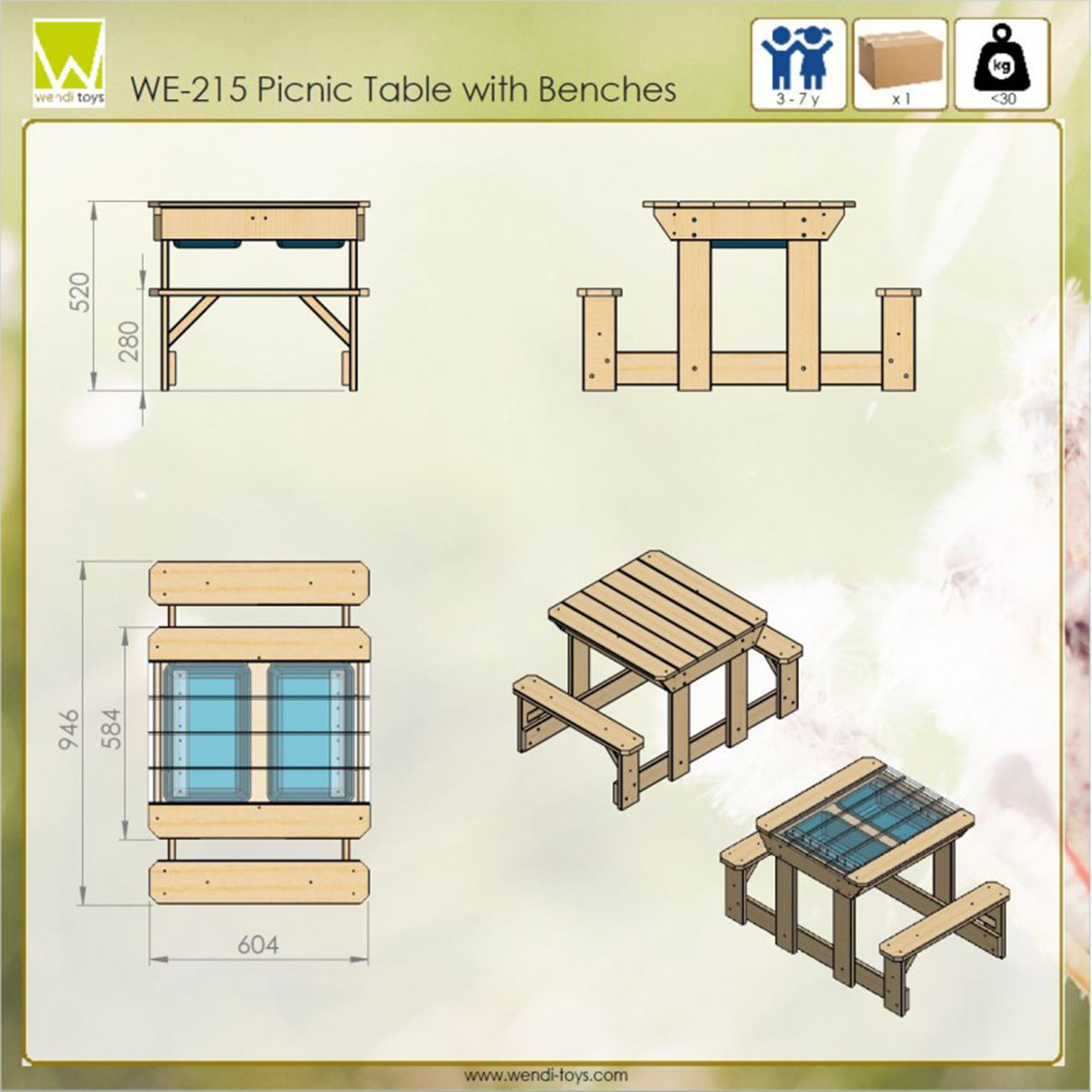 Masa de picnic  senzoriala pentru copii, cu bancute si loc pentru nisip si apa, +3ani, Wendi Toys