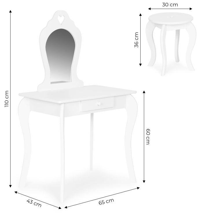 Masuta de toaleta din lemn pentru machiaj, eleganta, include masa, scaun, sertar, oglinda, Ecotoys, 110x 65 x 43 cm, Alba