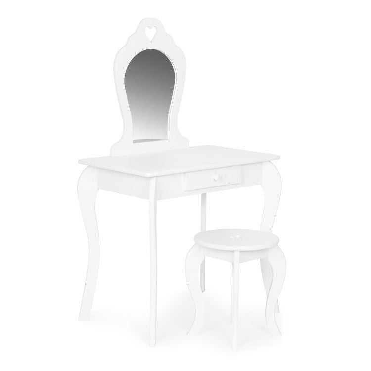 Masuta de toaleta din lemn pentru machiaj, eleganta, include masa, scaun, sertar, oglinda, Ecotoys, 110x 65 x 43 cm, Alba