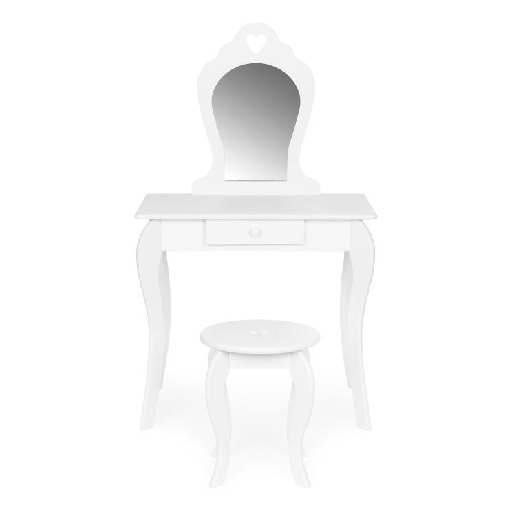 Masuta de toaleta din lemn pentru machiaj, eleganta, include masa, scaun, sertar, oglinda, Ecotoys, 110x 65 x 43 cm, Alba