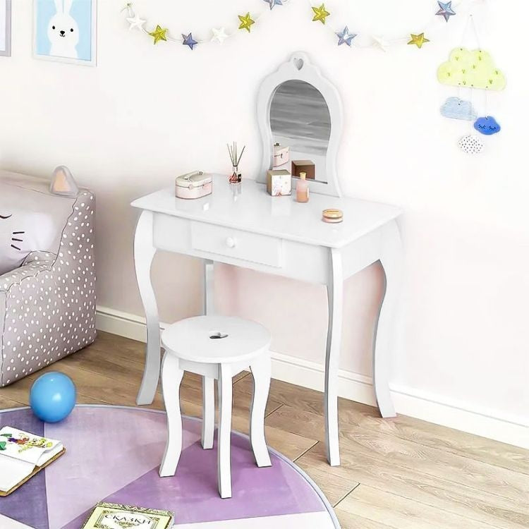 Masuta de toaleta din lemn pentru machiaj, eleganta, include masa, scaun, sertar, oglinda, Ecotoys, 110x 65 x 43 cm, Alba