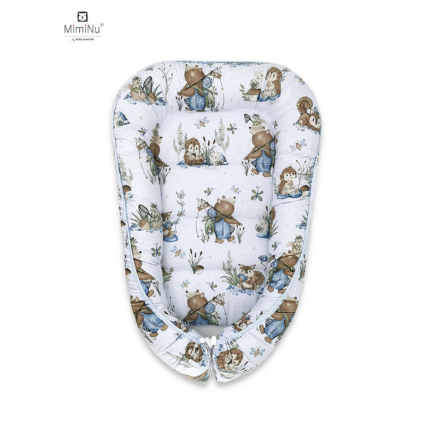 Cosulet bebelus pentru dormit, Baby Cocoon 75x55 cm, Husa 100% bumbac, Din bumbac certificat Oeko Tex Standard 100, Design, Let\'s Go Blue, MimiNu