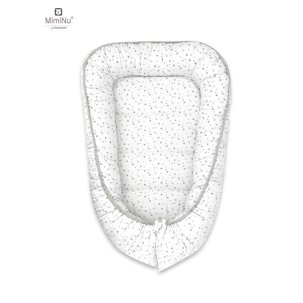 Cosulet bebelus pentru dormit, Baby Cocoon 75x55 cm, Husa 100% bumbac, Din bumbac certificat Oeko Tex Standard 100, Mini Gray Stars, MimiNu