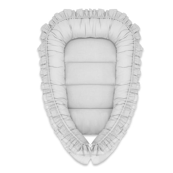 Cosulet bebelus pentru dormit, Baby Nest 55 x 75 cm, Cu Volanase, Husa 100% bumbac, Din bumbac certificat Oeko Tex Standard 100, Colectia Royal, Grey, MimiNu