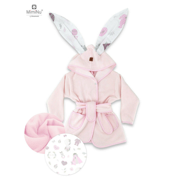 Halat de baie cu urechi 2 - 5 ani, Moale, Cu buzunare, Cu cordon, Din bumbac si thermo fleece, Materiale certificate Oeko Tex Standard 100, Baby Shower Pink, MimiNu