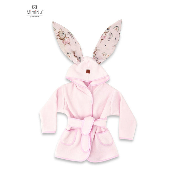 Halat de baie cu urechi 2 - 5 ani, Moale, Cu buzunare, Cu cordon, Din bumbac si thermo fleece, Materiale certificate Oeko Tex Standard 100, Design, Little Ballerina Pink, MimiNu