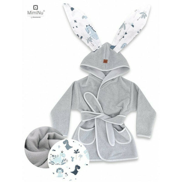 Halat de baie cu urechi 2 - 5 ani, Moale, Cu buzunare, Cu cordon, Din bumbac si thermo fleece, Materiale certificate Oeko Tex Standard 100, Dino Granat, MimiNu