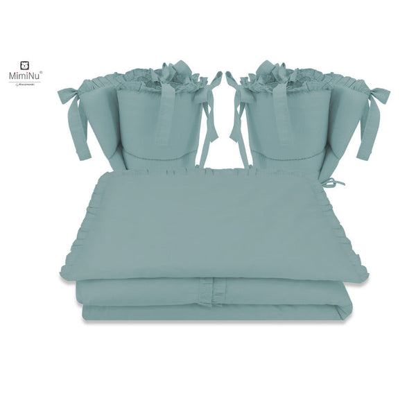 Lenjerie patut cu 4 piese, Cu doua protectii laterale, Cu volanase, Din bumbac certificat Oeko Tex Standard 100, Pentru patut 120x60 cm, Colectia Royal, Nepal Green, MimiNu