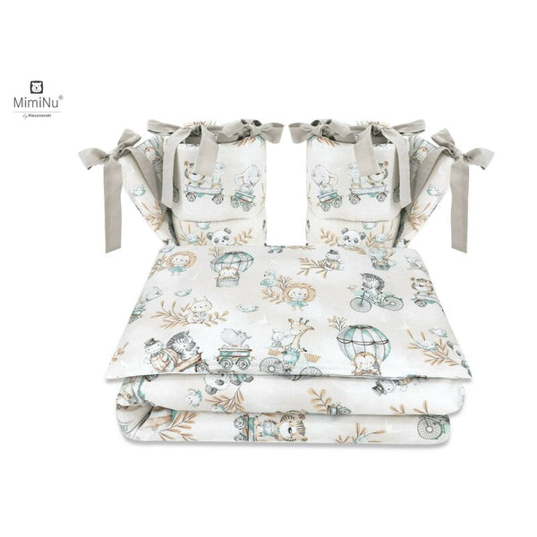 Set lenjerie patut cu 4 piese, din bumbac, pentru patut 120x60 cm, Zoo on Bikes Nugat, MimiNu