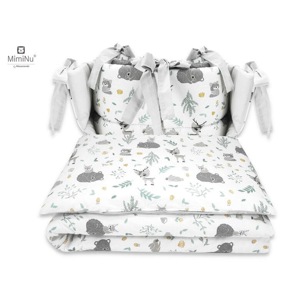 Set lenjerie patut cu 4 piese, din bumbac, pentru patut 120x60 cm, Forest Friends Mint, MimiNu
