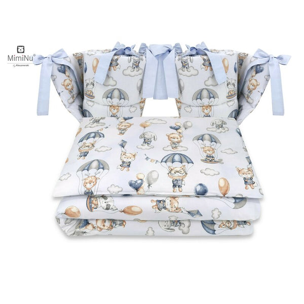 Set lenjerie patut cu 4 piese, din bumbac, pentru patut 120x60 cm, Parachutes Blue, MimiNu