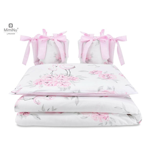 Lenjerie patut cu 4 piese, Cu doua protectii laterale, Peonie Pink, Din bumbac, Pentru patut 120x60 cm, MimiNu