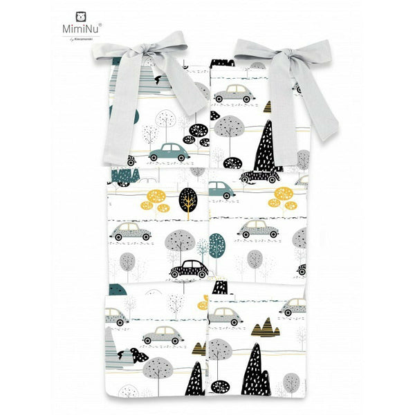 MimiNu - Organizator pentru patut, Din bumbac certificat Oeko Tex Standard 100, Cu 6 compartimente, Cu doua panglici, 70x40 cm, Childrens Journey Grey