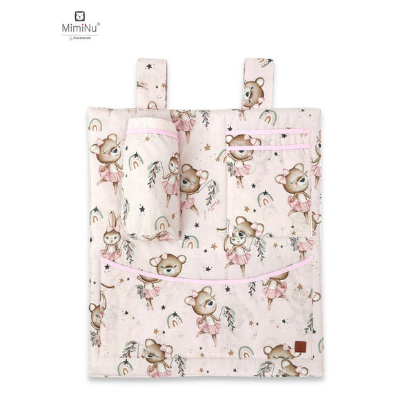 Organizator pentru patut si leagan, Din bumbac certificat Oeko Tex Standard 100, Cu 3 compartimente, 53x46 cm, Design, Little Ballerina Pink, MimiNu