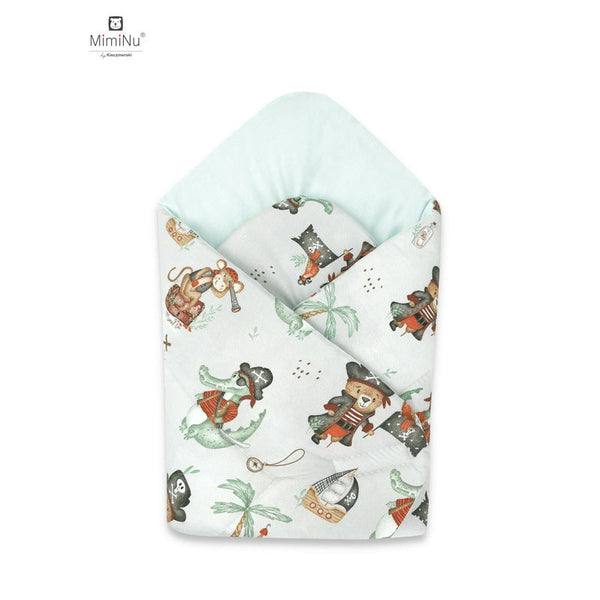 Paturica de infasat cu doua fete, Cu multiple utilizari, Cu inchidere arici velcro, Dimensiune 75x75 cm, Din bumbac certificat Oeko Tex Standard 100, Design, Pirates Natural, MimiNu