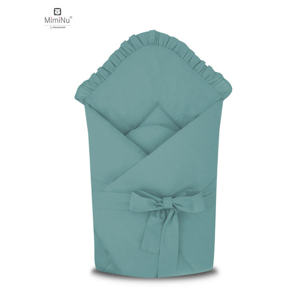 Paturica de infasat cu volanase, Cu multiple utilizari, Cu inchidere cu panglica, Dimensiune 75x75 cm, Din bumbac certificat Oeko Tex Standard 100, Colectia Royal, Nepal Green, MimiNu
