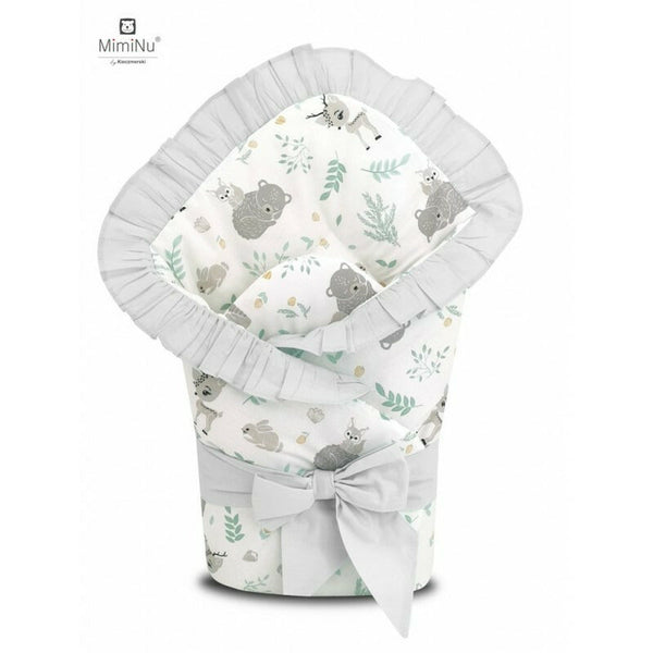 Paturica de infasat multifunctionala, Cu volanase, Cu inchidere cu panglica si arici velcro, Dimensiune 75x75 cm, Din bumbac certificat Oeko Tex Standard 100, Forest Friends Mint/Gray, MimiNu