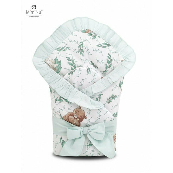 Paturica de infasat multifunctionala, Cu volanase, Cu inchidere cu panglica si arici velcro, Dimensiune 75x75 cm, Din bumbac certificat Oeko Tex Standard 100, Lulu Natural/Mint, MimiNu
