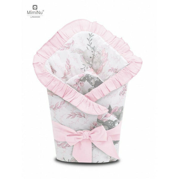 Paturica de infasat multifunctionala, Cu volanase, Cu inchidere cu panglica si arici velcro, Dimensiune 75x75 cm, Din bumbac certificat Oeko Tex Standard 100, Lulu Rose/Pink, MimiNu