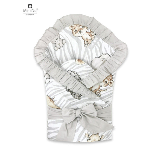Paturica de infasat multifunctionala, Cu volanase, Cu inchidere cu panglica si arici velcro, Dimensiune 75x75 cm, Din bumbac certificat Oeko Tex Standard 100, Safari Natural/Grey, MimiNu