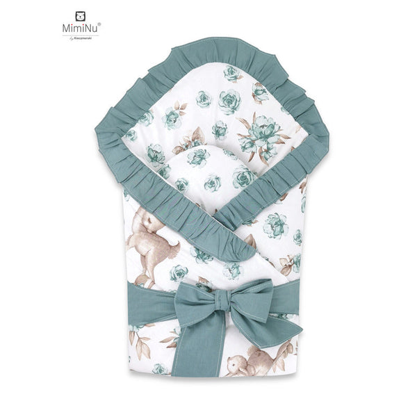 Paturica de infasat multifunctionala, Cu volanase, Cu inchidere cu panglica si arici velcro, Dimensiune 75x75 cm, Din bumbac certificat Oeko Tex Standard 100, Sweet Deer Mint/Mint, MimiNu