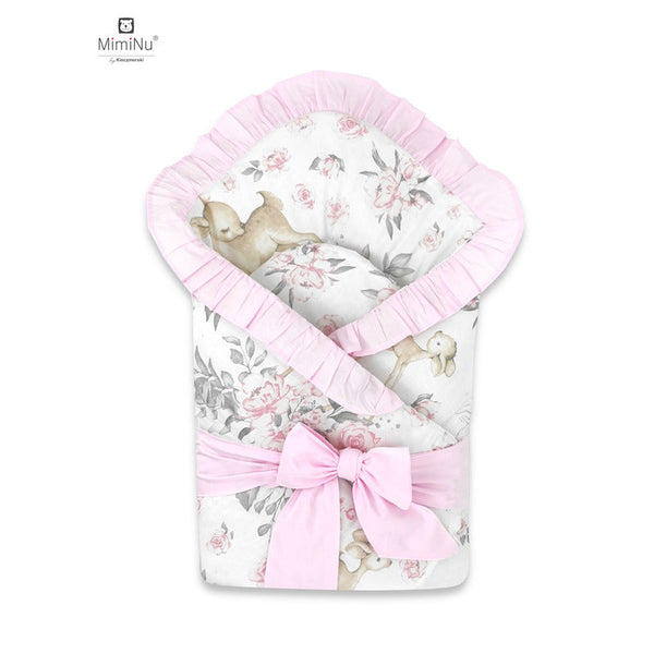 Paturica de infasat multifunctionala, Cu volanase, Cu inchidere cu panglica si arici velcro, Dimensiune 75x75 cm, Din bumbac certificat Oeko Tex Standard 100, Sweet Deer Pink/Pink, MimiNu