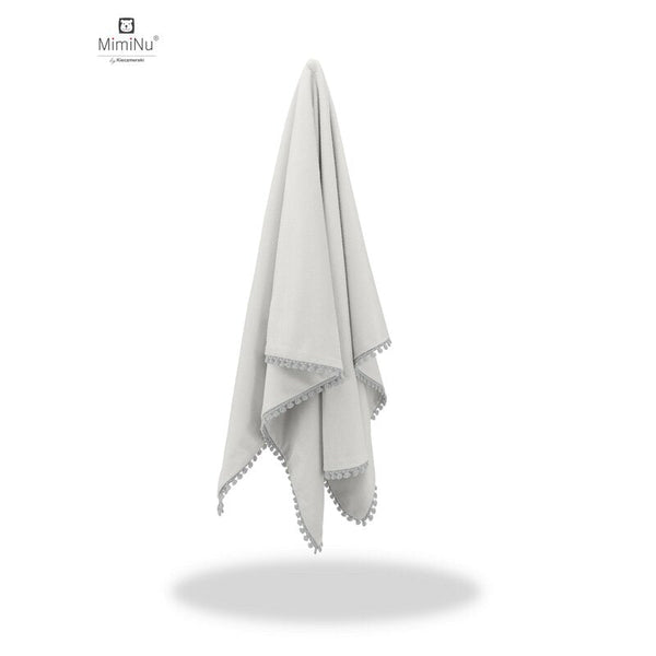 Paturica pufoasa, Cu pompoane, Dimensiune 75x100 cm, Din tesatura de catifea si bumbac, Grey, MimiNu