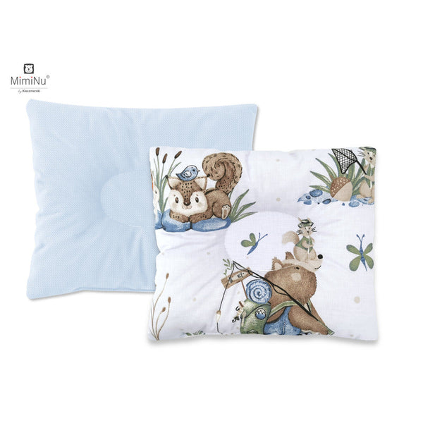 MimiNu - Perna bebelusi profilata, Cu doua fete, Cu functie anti-soc, Pufoasa, Din catifea si bumbac, Materiale certificate Oeko Tex Standard 100, 23x26 cm, Design, Velvet Let\'s Go Blue