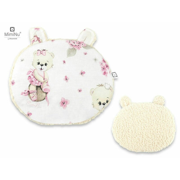 Perna ergonomica Ursulet, Cu doua fete si cu doua urechi, Dimensiune 33x27 cm, Din tesatura imitatie de lana si bumbac, Pentru carucior, scoica/scaun auto, balansoar, Ecru Pink Ballerina, MimiNu