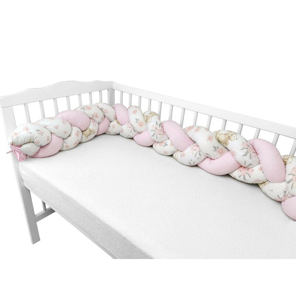 MimiNu - Protectie laterala pentru patut bebe, Tip Bumper impletit, Din bumbac, Din materiale certificate Oeko Tex Standard 100, Lungime 220 cm, Sweet Deer Pink