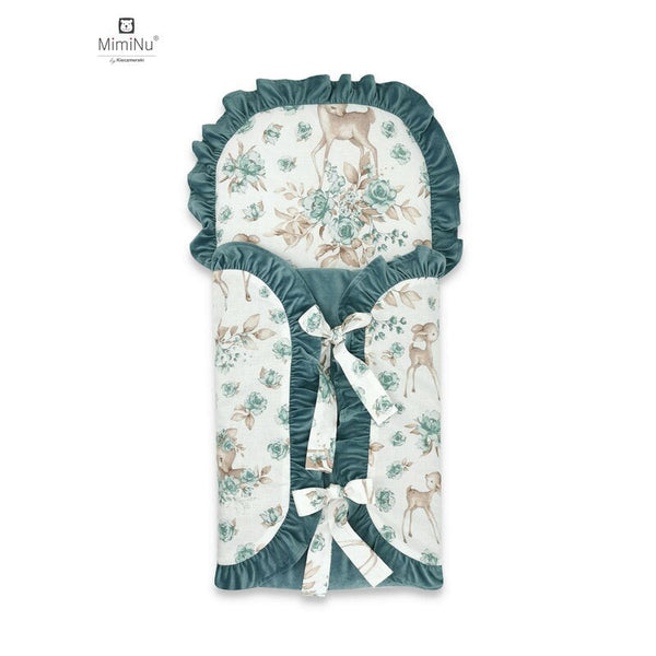 Sac de dormit multifunctional, Cu volanase si panglici, Din bumbac si tesatura pufoasa din catifea, Materiale certificate Oeko Tex Standard 100, Dimensiune 82 x 41 cm, Sweet Deer Mint, MimiNu