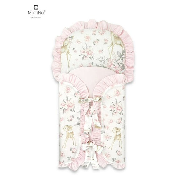 Sac de dormit multifunctional, Cu volanase si panglici, Din bumbac si tesatura pufoasa din catifea, Materiale certificate Oeko Tex Standard 100, Dimensiune 82 x 41 cm, Sweet Deer Pink, MimiNu