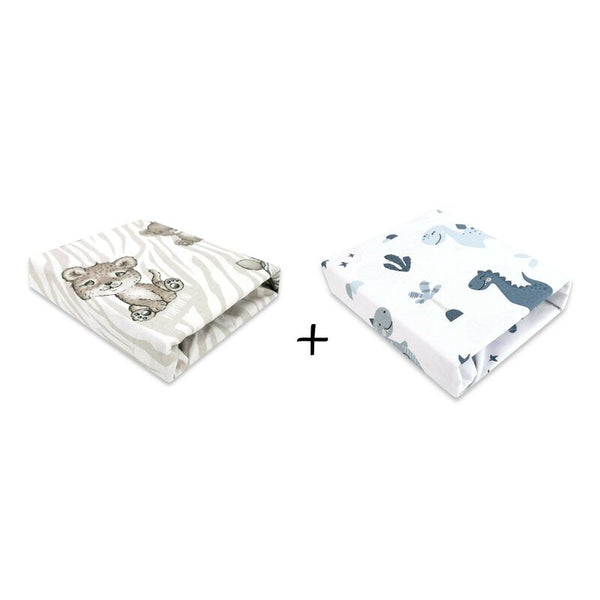 MimiNu - Set 2 cearceafuri cu elastic pentru patut leagan sau patut co-sleeper, 90x40 cm, Din bumbac, Material certificat Oeko Tex Standard 100, Dino Granat and Safari Beige