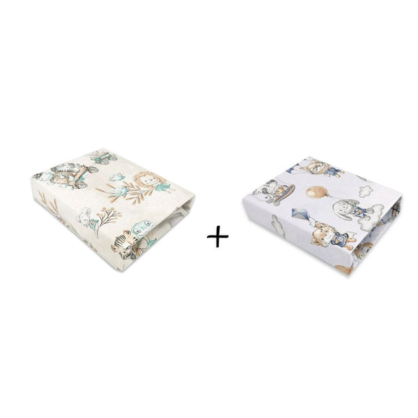 MimiNu - Set 2 cearceafuri cu elastic pentru patut leagan sau patut co-sleeper, 90x50 cm, Din bumbac, Material certificat Oeko Tex Standard 100, Zoo on Bikes Nugat and Parachutes Blue