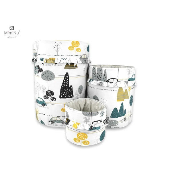 Set 3 cosuri rotunde cu dimensiuni generoase pentru depozitare jucarii, Cu volanase, Dimensiuni 50x35 cm, 35x30 cm, 19x23 cm, Din bumbac certificat Oeko Tex Standard 100, Childrens Journey Grey, MimiNu
