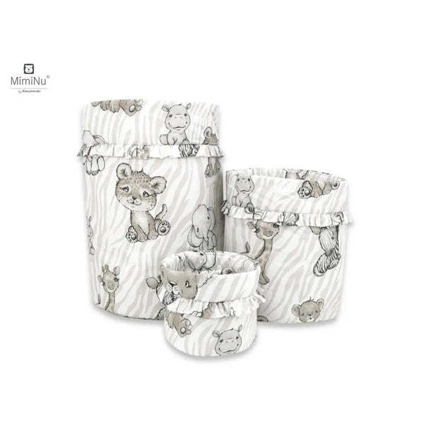 Set 3 cosuri rotunde cu dimensiuni generoase pentru depozitare jucarii, Cu volanase, Dimensiuni 50x35 cm, 35x30 cm, 19x23 cm, Din bumbac certificat Oeko Tex Standard 100, Safari Beige, MimiNu