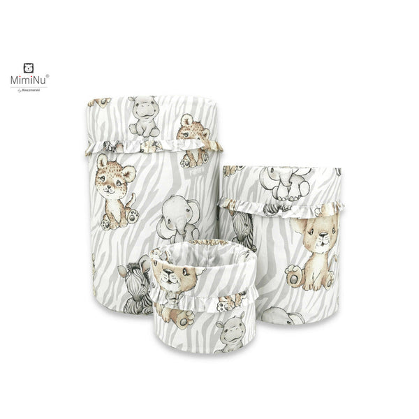Set 3 cosuri rotunde cu dimensiuni generoase pentru depozitare jucarii, Cu volanase, Dimensiuni 50x35 cm, 35x30 cm, 19x23 cm, Din bumbac certificat Oeko Tex Standard 100, Safari Natural, MimiNu