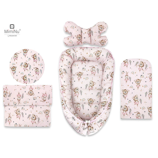 Set 4 in 1 Cosulet bebelus Baby Cocoon 75x55 cm, Husa 100% bumbac, Din bumbac certificat Oeko Tex Standard 100, Cu paturica 50x70 cm, Cu salteluta 60x32 cm, Cu perna fluture cu doua fete 40x27 cm, Design, Little Ballerina Pink, MimiNu