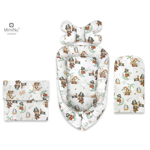 Set 4 in 1 Cosulet bebelus Baby Cocoon 75x55 cm, Husa 100% bumbac, Din bumbac certificat Oeko Tex Standard 100, Cu paturica 50x70 cm, Cu salteluta 60x32 cm, Cu perna fluture cu doua fete 40x27 cm, Design, Pirates Natural, MimiNu