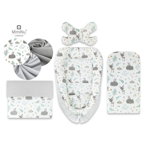 Set 4 in 1 Cosulet Bebelus Baby Cocoon, 90x50 cm,  Forest friends Grey/Mint, MimiNu