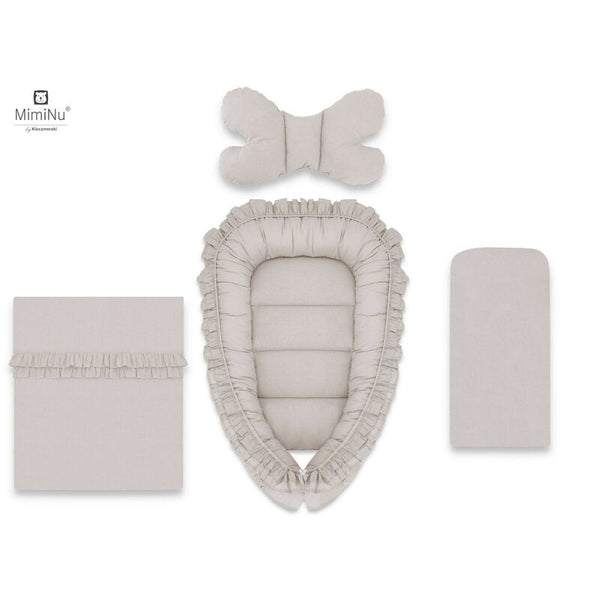 Set 4 in 1 Cosulet bebelus Baby Cocoon 90x50 cm, Cu volanase, Husa 100% bumbac, Cu paturica cu volanase 50x70 cm, Cu salteluta 60x32 cm, Cu perna fluture 40x27 cm, Colectia Royal, Beige, MimiNu