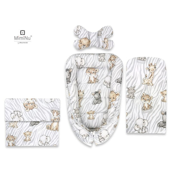 Set 4 in 1 Cosulet bebelus Baby Cocoon 90x50 cm, Husa 100% bumbac, Cu paturica 50x70 cm, Cu salteluta 60x32 cm, Cu perna fluture cu doua fete 40x27 cm, Safari Natural, MimiNu