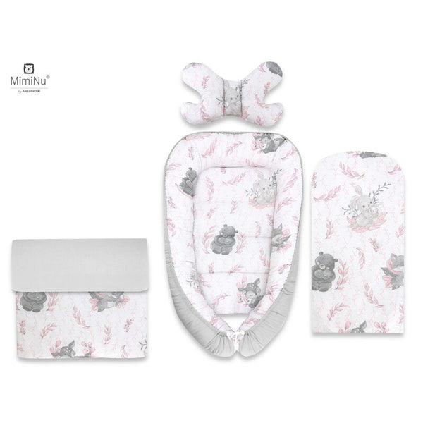 Set 4 in 1 Cosulet bebelus Baby Cocoon 90x50 cm, Husa 100% bumbac, Cu paturica cu doua fete 50x70 cm, Cu salteluta 60x32 cm, Cu perna fluture cu doua fete 40x27 cm, Lulu Rose, MimiNu