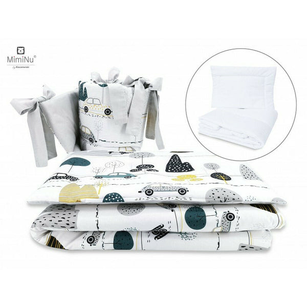 Set lenjerie patut 5 piese, Cu pilota si perna, Din bumbac certificat Oeko Tex Standard 100, Pentru patut 120x60 cm, FChildrens Journey Grey, MimiNu