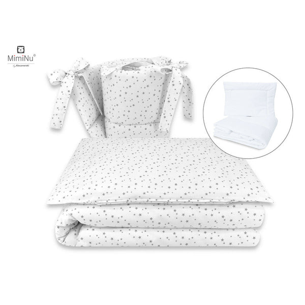Set lenjerie patut 5 piese, Cu pilota si perna, Din bumbac certificat Oeko Tex Standard 100, Pentru patut 120x60 cm, Mini Gray Stars, MimiNu