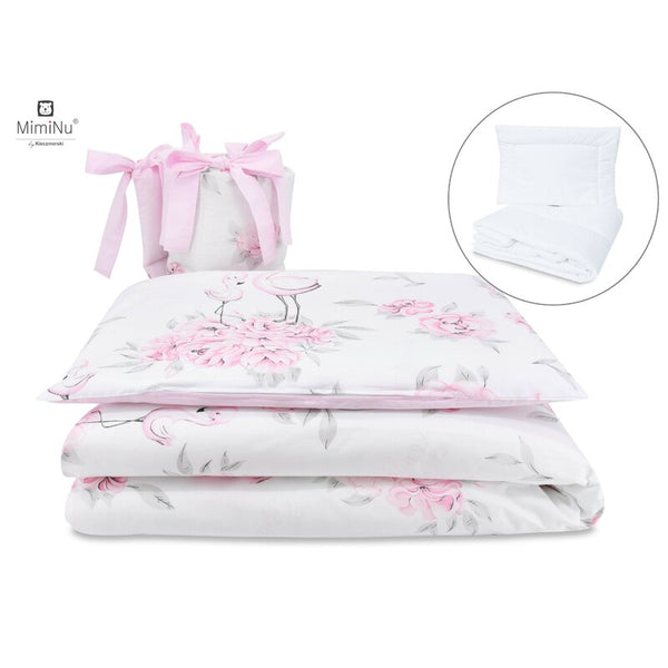 Set lenjerie patut 5 piese, Cu pilota si perna, Din bumbac, Pentru patut 120x60 cm, Peonie Pink, MimiNu